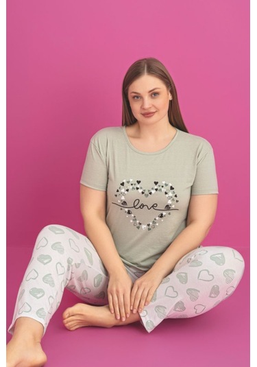X-dreamy Büyük Beden Pamuklu Kalp Desenli Kısa Kollu Pijama Takımı Yeşil