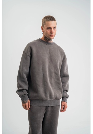 Unisex Uzun Kol Bisiklet Yaka Yıkamalı Sweatshirt - Füme Anrasit