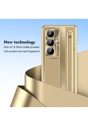 Samsung Galaxy Uyumlu Z Fold7 5g Kılıf Destekli Menteşeli Pc Telefon Kılıfı, Temperli Cam Filmi Ve Kalem - Altın Altın