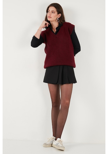 Lela V Yaka Örme Triko Bayan Süveter 4616105Y Bordo