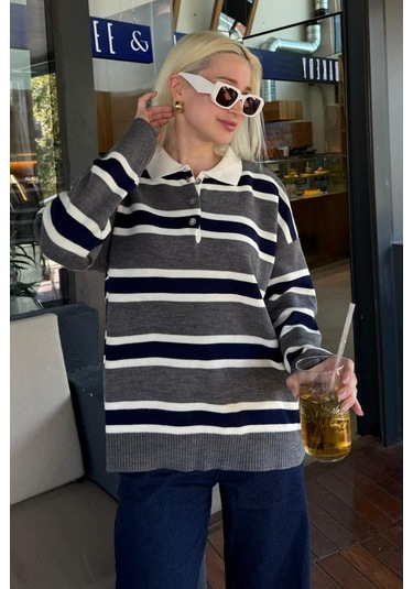 Madmext Antrasit Çizgili Düğmeli Polo Yaka Kadın Triko Kazak Mg2280 Antrasit