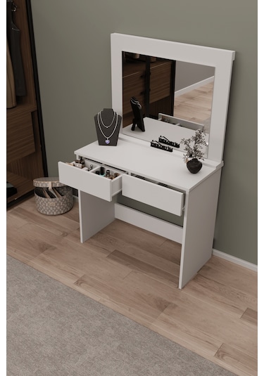 Df02110b Aynalı Beyaz Makyaj Masası Beyaz
