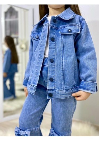 Modavals Fiyonk Detaylı İspanyol Paça Kot Pantolon & Kot Ceket & Badi Kız Çocuk Kombin Çok Renkli