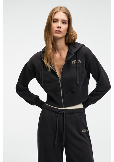 Grımelange Elara Kadın Metal Fermuarlı Nakışlı Kapüşonlu Crop Antrasit Sweatshirt Antrasit
