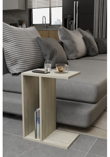 Alpa Ev Mobilya C Tasarım Koltuk Yanı Sehpa, Kitaplıklı Modern Laptop & Kahve Sehpası, Orta Sehpa Traverten