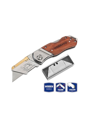 Workpro Wp211014 Ağır Hizmet Paslanmaz Çelik/ahşap Gövde Katlanır Rötuş Maket Bıçağı + 10 Adet Yedek Bıçak