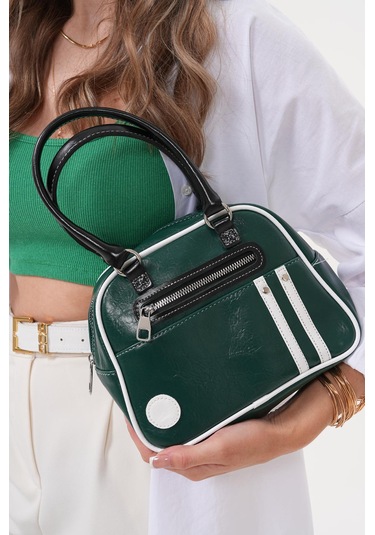 Kadın Retro Spor Ayarlanbilir Askılı El Kol Ve Omuz Çantası Yeşil - Beyaz