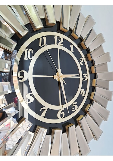 Ayna Denizi Güneş Twins Bronze Black Model Altın Siyah Renk 70 cm Dekoratif Aynalı Duvar Saati Altın - Siyah