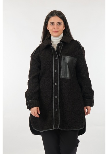 Ekol Düz Yaka Büyük Beden Cepli Uzun Kollu Siyah Kadın Manto 2220 001