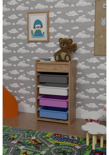 4 Sepetli Oyuncak Dolabı Çok Amaçlı Dolap Atlantik Çam - Karışık Kahverengi