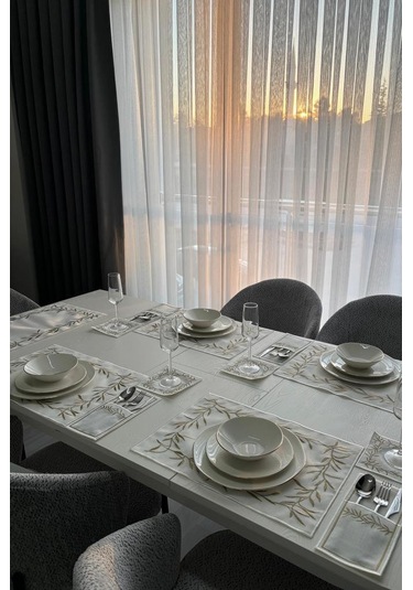 Nazlım Keten Nakışlı Amerikan Servis Takımı 19 Parça Gold Gold