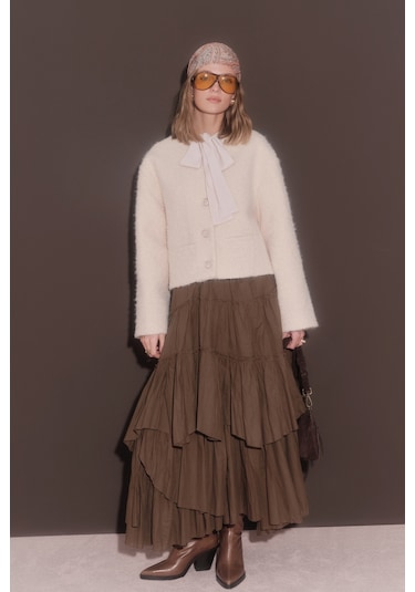 Katlı Boho Vual Etek Haki Haki