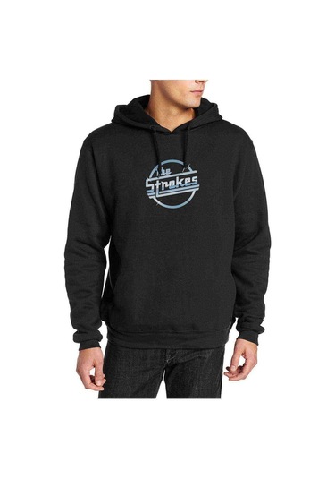 The Strokes Baskılı Siyah Erkek Örme Kapşonlu Sweatshirt