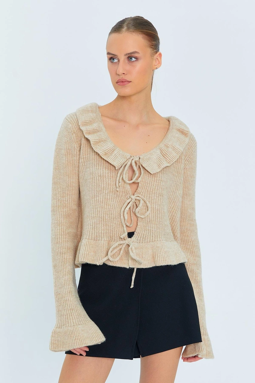 6899 Kadın Önden Bağcıklı Hırka Bej Bej