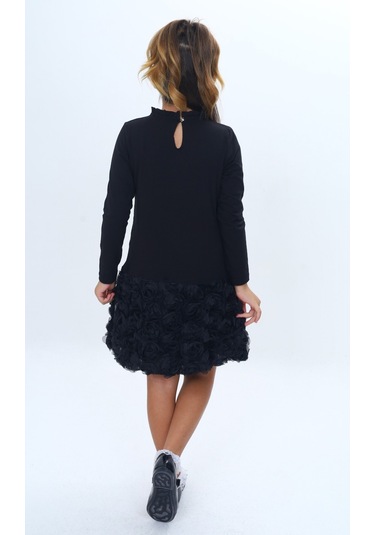 Toontoy Kız Çocuk Yaka Fırfır Etek 3d Güllü Elbise Siyah