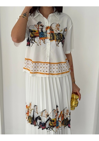 Asprinfashion Plise Etekli Baskılı Bayan Gömlek Etek Takım Beyaz