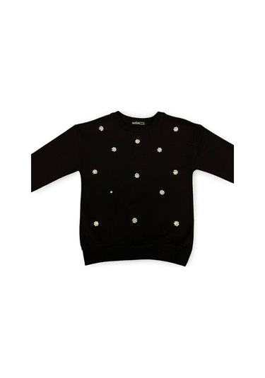 Kız Çocuk Pamuklu İnci İşlemeli İnce Sweatshirt-15007 Siyah