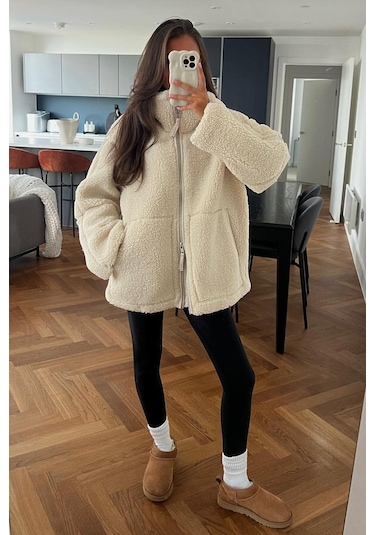 Madmext Bej Dik Yakalı Cepli Peluş Mont Mg1966-bej Bej