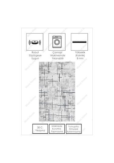 West Home Dijital Baskı Yıkanabilir Kaymaz Taban Salon Halısı Mutfak Halısı Yolluk Wh 488 Grey