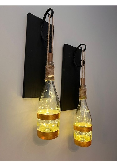 Tıpa Peri Led Işıklı Siyah Ahşap Cam Şampanya Şişesi Duvar Aplik Çok Renkli