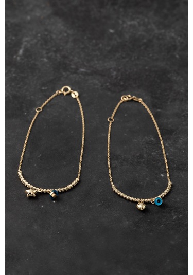 14 Ayar Altın Yıldız ve Nazar Boncuklu Kadın Bilekliği Sarı Altın