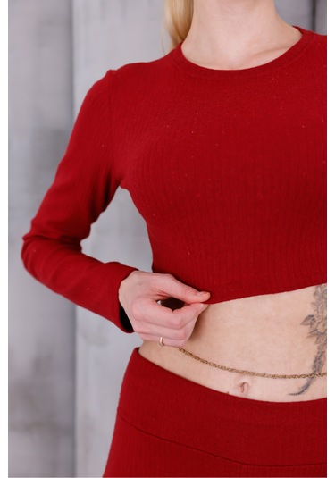 Kadın İspanyol Paça Pantolon Uzun Kollu Parmak Geçirmeli Crop Takım Bordo