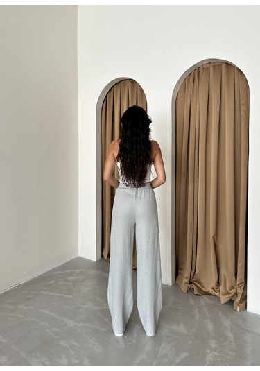 Gri %100 Keten Palazzo Pantolon Gri
