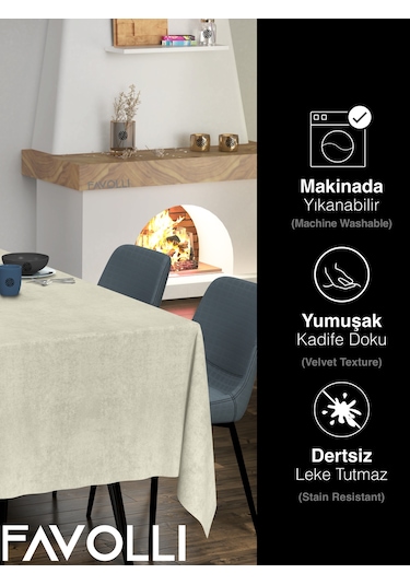 Kadife Dokulu Ekru Renk Masa Örtüsü Ekru