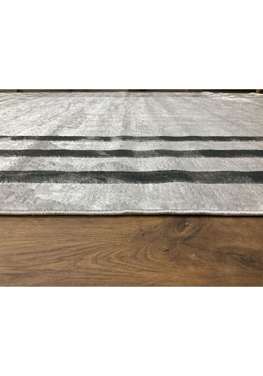 Saraz Halı Çerçeve Model Bambu Yıkanabilir Parlak Halı Gri Çizgi Gri-gri