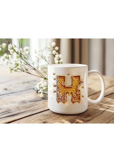 H Harfi Bal Arısı Tasarım Kupa Bardak - Bal Ve Petek Desenli Kişiye Özel Kahve Kupası - Hediyelik Beyaz