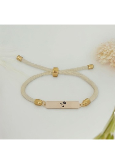 Archin Çiçek Temalı 14 Ayar Altın Plakalı Dikdörtgen Figürlü Beyaz Örgülü Hediye Bileklik-413sembol Çiçek