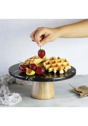 Akayev Mermer 25 Cm Konik Ahşap Ayaklı Siyah Yuvarlak Sunum Tabağ