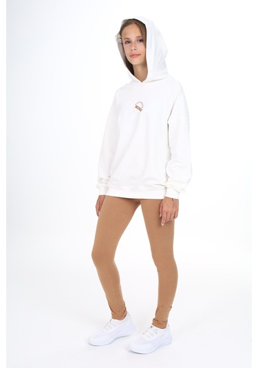 Toontoy Kız Çocuk Kapüşonlu Önü Yazı Baskılı Taytlı Takım Ekru