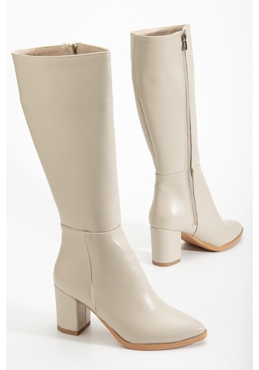 Kadın Topuklu Çizme Bej Suni Deri Sivri Burun-4209 Bej