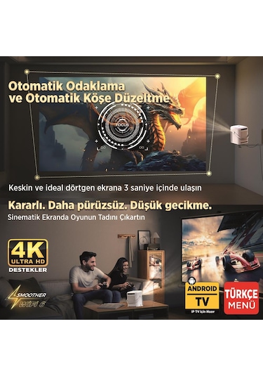 Vankyo H300A AndroidTV 4K Destekli AutoFocus+AutoKeystone 6G Wi-Fi+5.2BT Beyaz Projeksiyon Cihazı