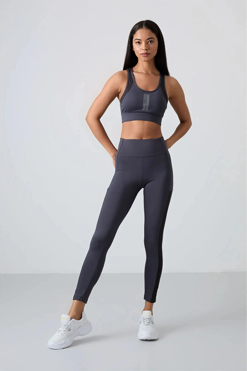 Tommy Life Antrasit Polyester Esnek Standart Fit Performans Kadın Tayt Takım 95332 Antrasit