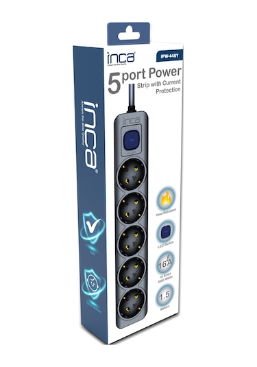 Inca Ipw-44sy 5 Port Akım Korumalı Led Tuşlu Priz 1.5m - Siyah