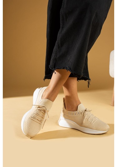 Shoetek Faina Kadın Sneakers Triko Dokumalı Bağcıklı Spor Ayakkabı Bej Bej