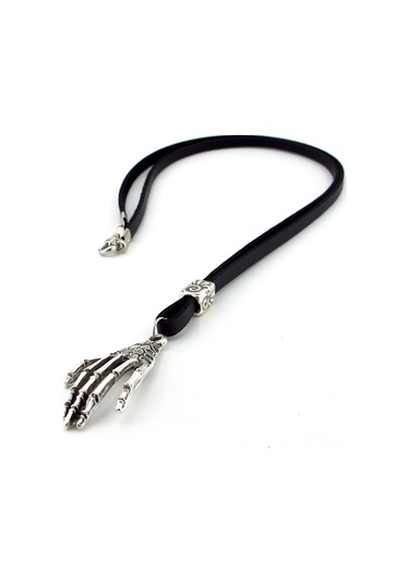 Solfera Metal Iskelet El Parmaklar Siyah Deri Erkek Kolye Q0587 Siyah