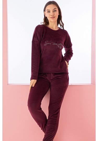 Luxury Velvet Fransız Kadife Yazı Detaylı Pijama Takımı Mürdüm
