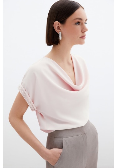 Sateen Kollar Taş Detaylı Salaş Bluz - Pudra-136465 Pudra