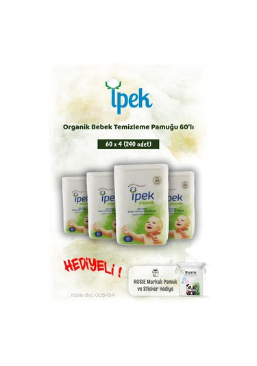 İpek Organik 60'lı X 4 Bebek Temizleme Pamuğu Ve Rosie Pamuk Hediye