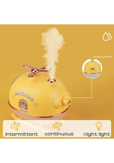 Sevimli Pilot Ördek Tasarımlı Ultrasonik Gece Lambası ve Difüzörlü Nemlendirici Buhar Makinesi Sarı