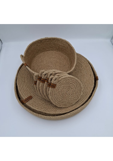 6 Kişilik 14 Parça Hasır Rengi Amerikan Servis, Hasır Supla Takım Naturel