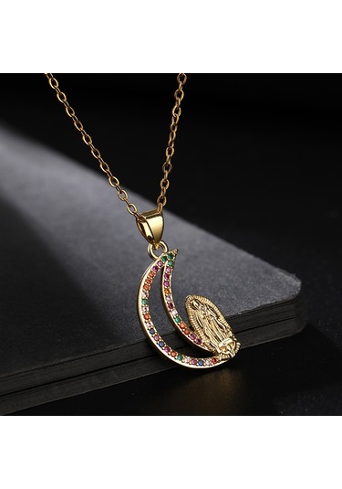Dini Bakır Mikro Mıhlanmış Renkli Zirkon Taşlı Pandantif, Kadın Takısı, Katolik Meryem Ana Kolyesi R Altın