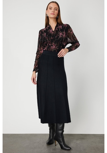 On Kadın Pileli Midi Triko Etek 65210 Siyah Siyah