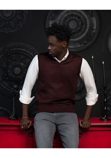 V Yaka Regular Fit Yünlü Kolsuz Triko Süveter Bordo