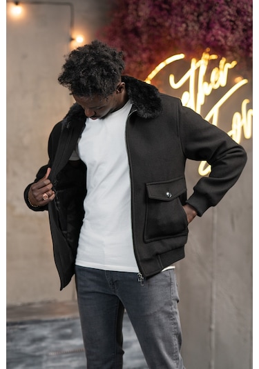 Slimfit Kürklü Sabit Yaka Beli Lastikli Astarlı Kaşe Mont Siyah