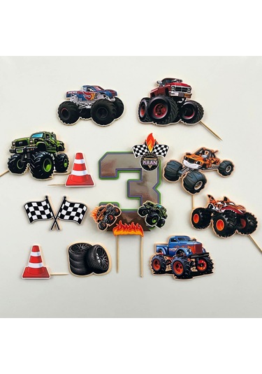 Canavar Kamyon Temalı Erkek Çocuk Doğum Günü İsme Özel 3d Pasta Süsü Seti Çocuk