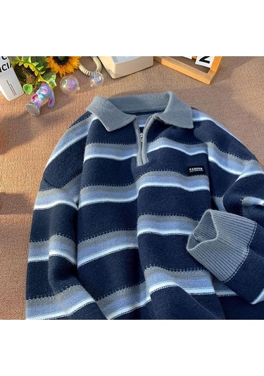 Japonya Erkek Y2k Örme Sıcak Polo Örgü Çizgili Balıkçı Yaka Kazak Gömlek Kış Sokak Giyim Hoodie Kore Giysileri Jumper Erkek Lacivert